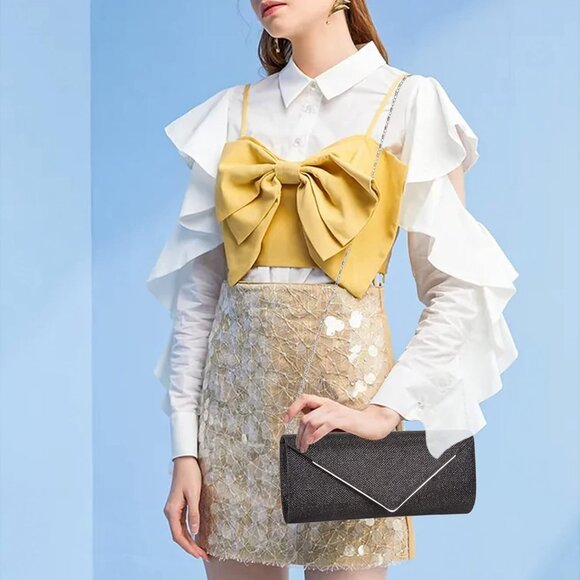 Women's Black Clutch Purses Sparkling Envelope Evening Bag with Detachable Chain - Picture 2 of 7